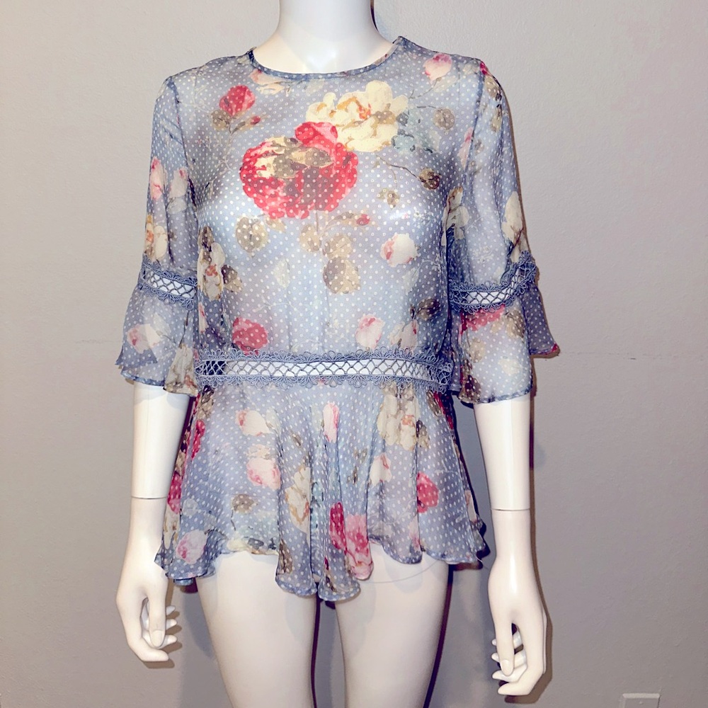 $495 ZIMMERMANN blue floral polka dot sheer peplum silk blouse top US 4 AUS 0 - Picture 2 of 7